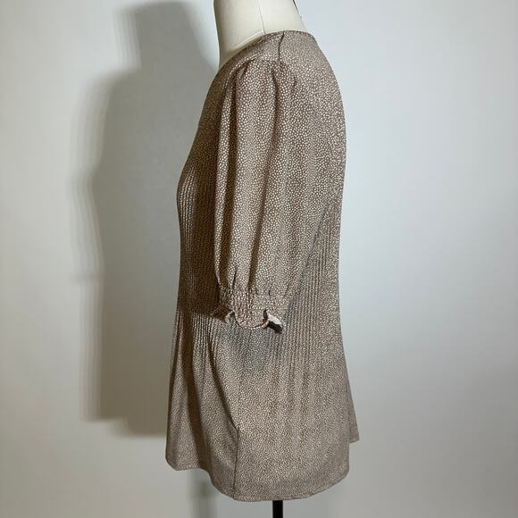 Adrianna Papell Tan White Polka Dot Pleated V-Neck Blouse Womens Size Medium M - Picture 5 of 11